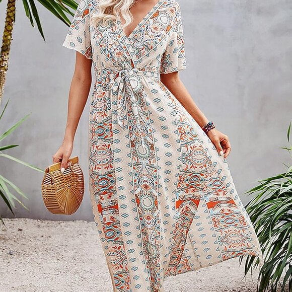 Women's Boho Floral Maxi Dress V Neck Short Sleeve Ruffle Split Beach - Picture 6 of 6